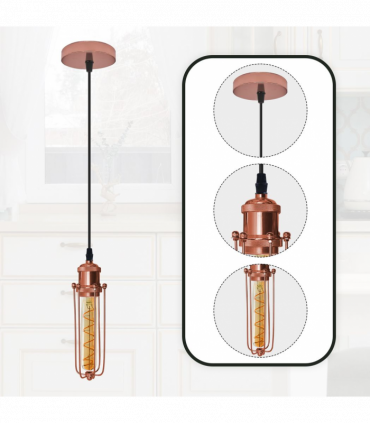 Single Rose Gold Ceiling E27 Pendant Light with Wire Cage, Industrial Vintage Hanging Lamp Fixture