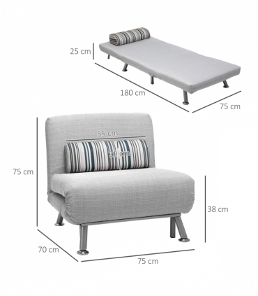 Single Sofa Bed Folding Chair Bed w/ Steel Frame Padding Pillow Grey, Silver