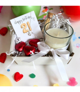 Small 21st Birthday Gold Balloons Gift Hamper - Cubic Zirconia Charm Necklace, Chocolates & Candle
