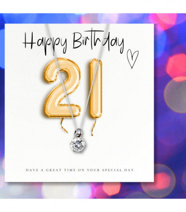 Small 21st Birthday Gold Balloons Gift Hamper - Cubic Zirconia Charm Necklace, Chocolates & Candle