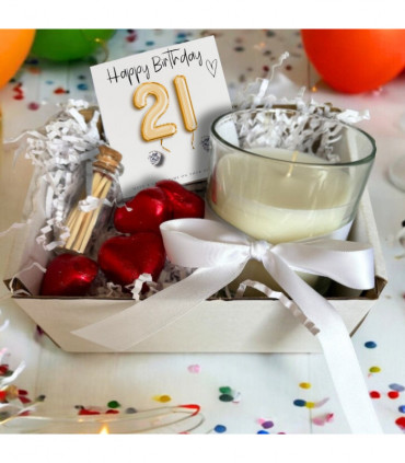 Small 21st Birthday Gold Balloons Gift Hamper - Cubic Zirconia Earrings, Chocolates & Candle