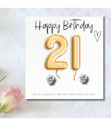 Small 21st Birthday Gold Balloons Gift Hamper - Cubic Zirconia Earrings, Chocolates & Candle