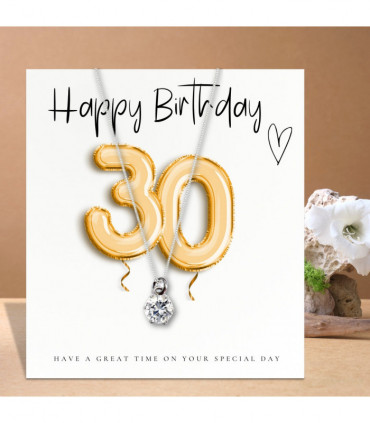 Small 30th Birthday Gold Balloons Gift Hamper - Cubic Zirconia Charm Necklace, Chocolates & Candle