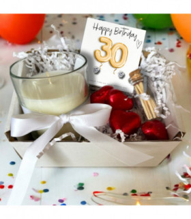 Small 30th Birthday Gold Balloons Gift Hamper - Cubic Zirconia Earrings, Chocolates & Candle