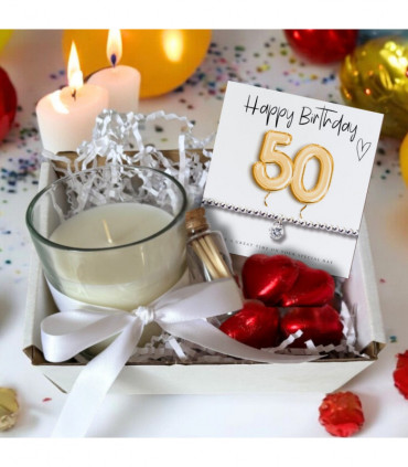 Small 50th Birthday Gold Balloons Gift Hamper - Cubic Zirconia Bracelet, Chocolates & Candle