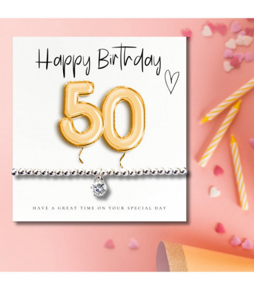 Small 50th Birthday Gold Balloons Gift Hamper - Cubic Zirconia Bracelet, Chocolates & Candle