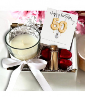 Small 50th Birthday Gold Balloons Gift Hamper - Cubic Zirconia Charm Necklace, Chocolates & Candle
