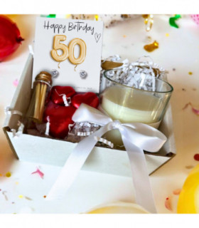 Small 50th Birthday Gold Balloons Gift Hamper - Cubic Zirconia Earrings, Chocolates & Candle