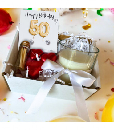 Small 50th Birthday Gold Balloons Gift Hamper - Cubic Zirconia Earrings, Chocolates & Candle