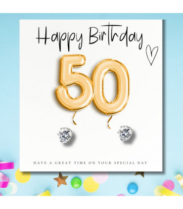 Small 50th Birthday Gold Balloons Gift Hamper - Cubic Zirconia Earrings, Chocolates & Candle