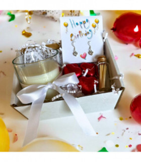Small Happy Birthday Gift Hamper - Cubic Zirconia Heart Drop Earrings, Chocolates & Candle