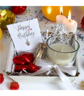 Small Happy Birthday Gift Hamper - Silver Heart Necklace, Chocolates & Candle
