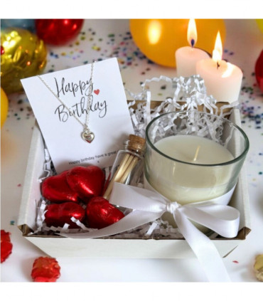 Small Happy Birthday Gift Hamper - Silver Heart Necklace, Chocolates & Candle