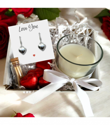 Small Love You Gift Hamper - Silver Heart Drop Earrings, Chocolates & Candle