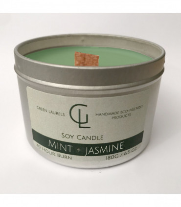 Soy Wax container candle with wooden wick Mint and Jasmine scent