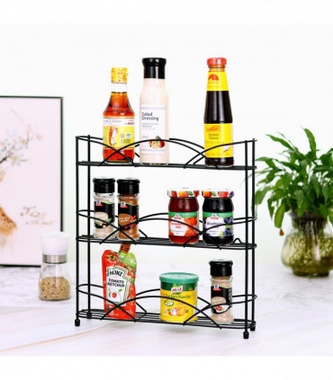Vinsani Spice Rack 3 Tiers - Kitchen Shelf Organiser for Jars Bottles Space Saving Storage - Free Standing - Black