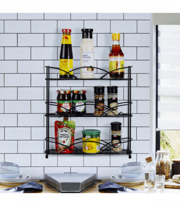 Vinsani Spice Rack 3 Tiers - Kitchen Shelf Organiser for Jars Bottles Space Saving Storage - Free Standing - Black