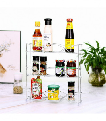 Vinsani Spice Rack 3 Tiers - Kitchen Shelf Organiser for Jars Bottles Space Saving Storage - Free Standing - Silver