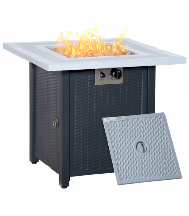 Square Propane Gas Fire Pit Table Rattan Smokeless Heater with Lava Rocks & Lid