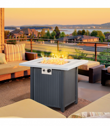 Square Propane Gas Fire Pit Table Rattan Smokeless Heater with Lava Rocks & Lid