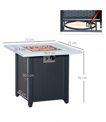 Square Propane Gas Fire Pit Table Rattan Smokeless Heater with Lava Rocks & Lid