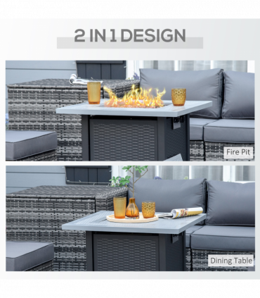 Square Propane Gas Fire Pit Table Rattan Smokeless Heater with Lava Rocks & Lid