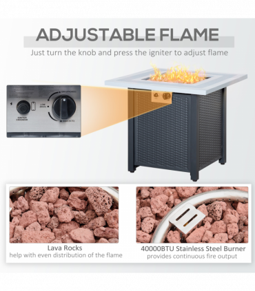 Square Propane Gas Fire Pit Table Rattan Smokeless Heater with Lava Rocks & Lid