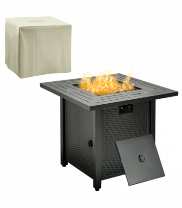 Square Propane Gas Fire Pit Table Rattan Smokeless Patio Heater Lava Rocks & Lid