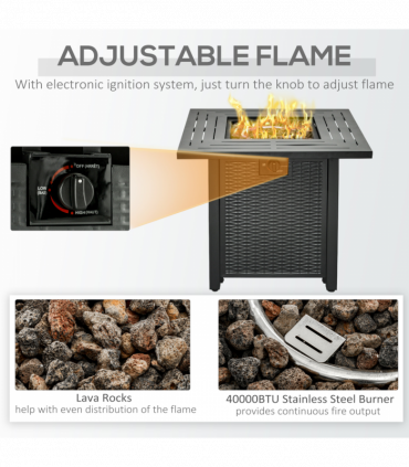Square Propane Gas Fire Pit Table Rattan Smokeless Patio Heater Lava Rocks & Lid