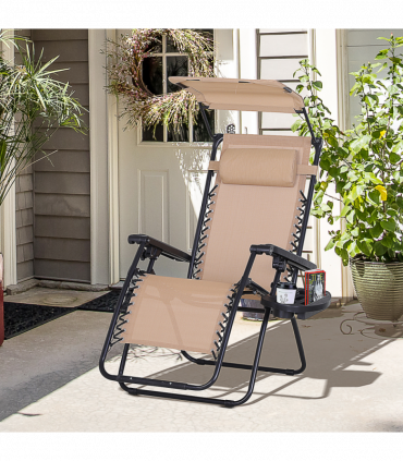 Steel Frame Zero Gravity Outdoor Garden Deck Chair with Canopy - Beige