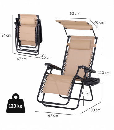 Steel Frame Zero Gravity Outdoor Garden Deck Chair with Canopy - Beige