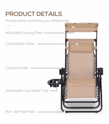 Steel Frame Zero Gravity Outdoor Garden Deck Chair with Canopy - Beige