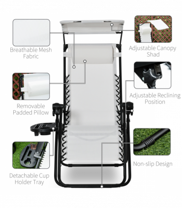 Steel Frame Zero Gravity Outdoor Garden Deck Chair with Canopy - White