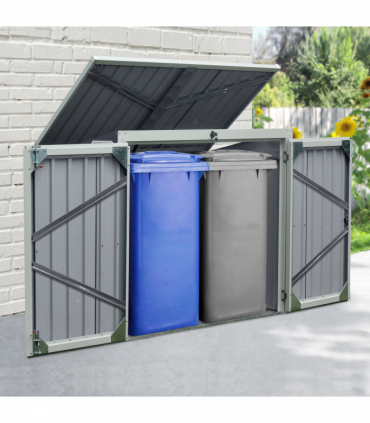 Steel Garden Storage Shed Double Door & Lid Dustbin Rubbish Cover 2 Trash Can