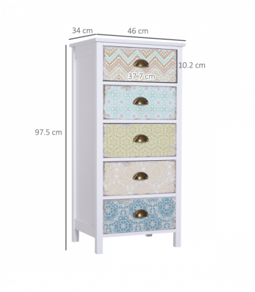 Storage Chest Unit Dresser 5 Drawer Retro Style Wood White Entryway