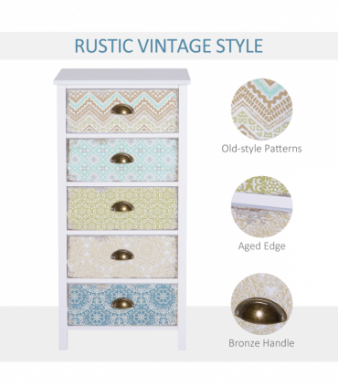 Storage Chest Unit Dresser 5 Drawer Retro Style Wood White Entryway