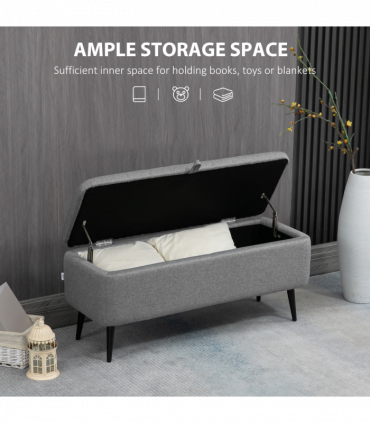 Storage Ottoman Bench, Linen Fabric Footstool with Steel Legs Grey
