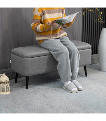 Storage Ottoman Bench, Linen Fabric Footstool with Steel Legs Grey