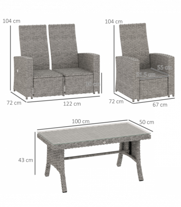 Stylish Grey Rattan Outdoor Set with Reclining Loveseat & Armchairs