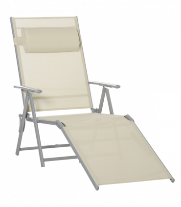 Sun Lounger Folding Chaise Chair Recliner & 7 Adjustable Backrest - Beige