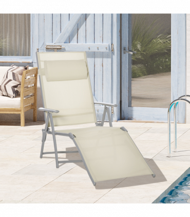 Sun Lounger Folding Chaise Chair Recliner & 7 Adjustable Backrest - Beige