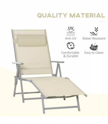 Sun Lounger Folding Chaise Chair Recliner & 7 Adjustable Backrest - Beige