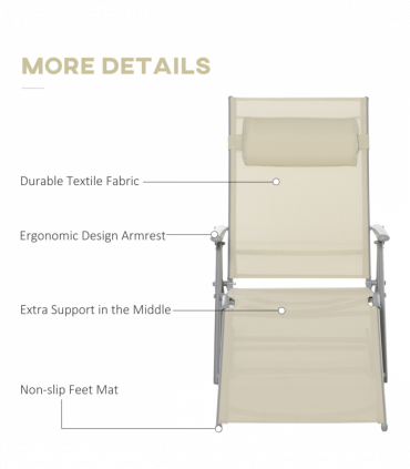 Sun Lounger Folding Chaise Chair Recliner & 7 Adjustable Backrest - Beige