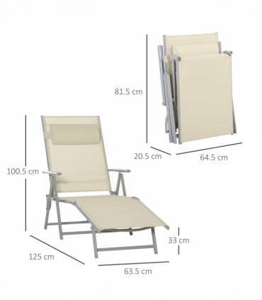 Sun Lounger Folding Chaise Chair Recliner & 7 Adjustable Backrest - Beige