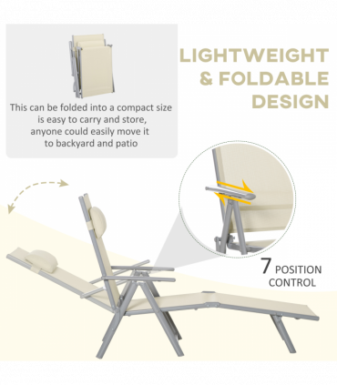 Sun Lounger Folding Chaise Chair Recliner & 7 Adjustable Backrest - Beige