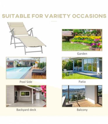 Sun Lounger Folding Chaise Chair Recliner & 7 Adjustable Backrest - Beige