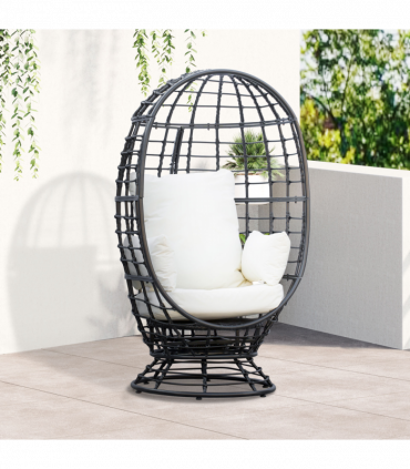 Swivel Egg Chair Rattan Outdoor Chair with Cushion for Patio Black