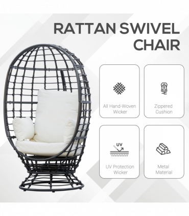 Swivel Egg Chair Rattan Outdoor Chair with Cushion for Patio Black