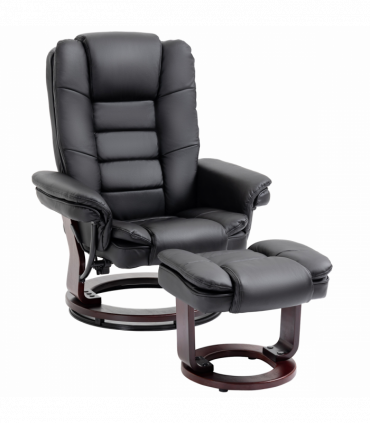 Swivel Manual Recliner and Footrest Set PU Lounge Chair Wood Base, Black