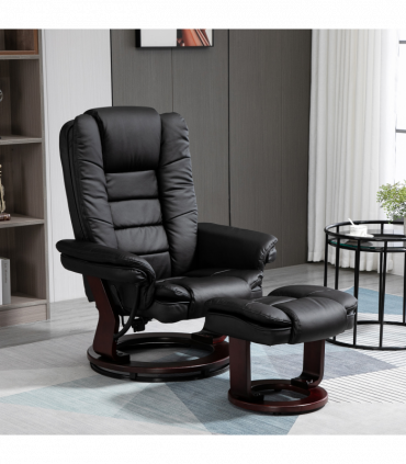 Swivel Manual Recliner and Footrest Set PU Lounge Chair Wood Base, Black